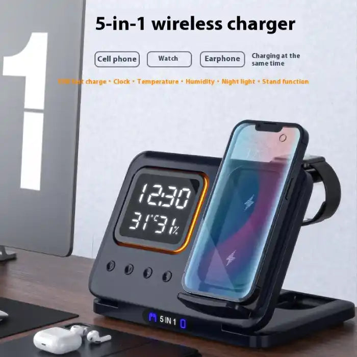5-in-1 Wireless Charging Station on desk charging phone, earbuds, and smart watch simultaneously