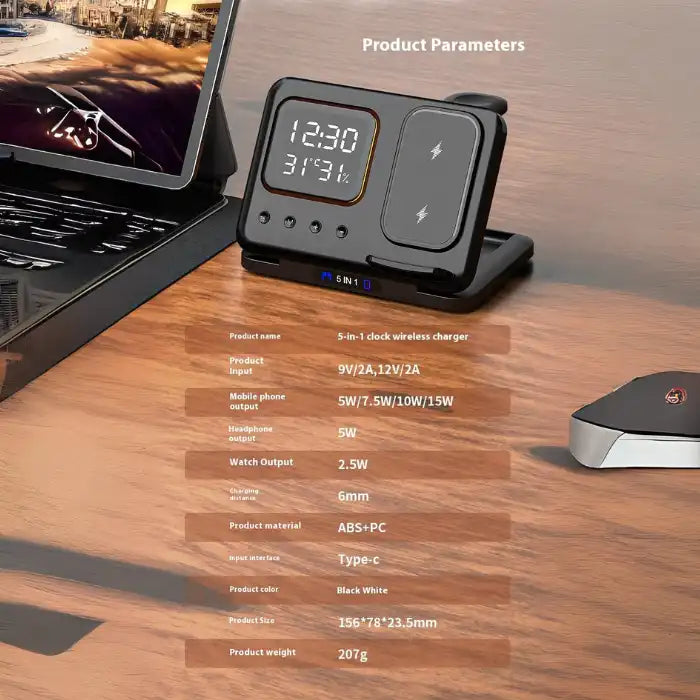 5-in-1 Wireless Charging Station tech specs with power outputs, size, material, and input interface