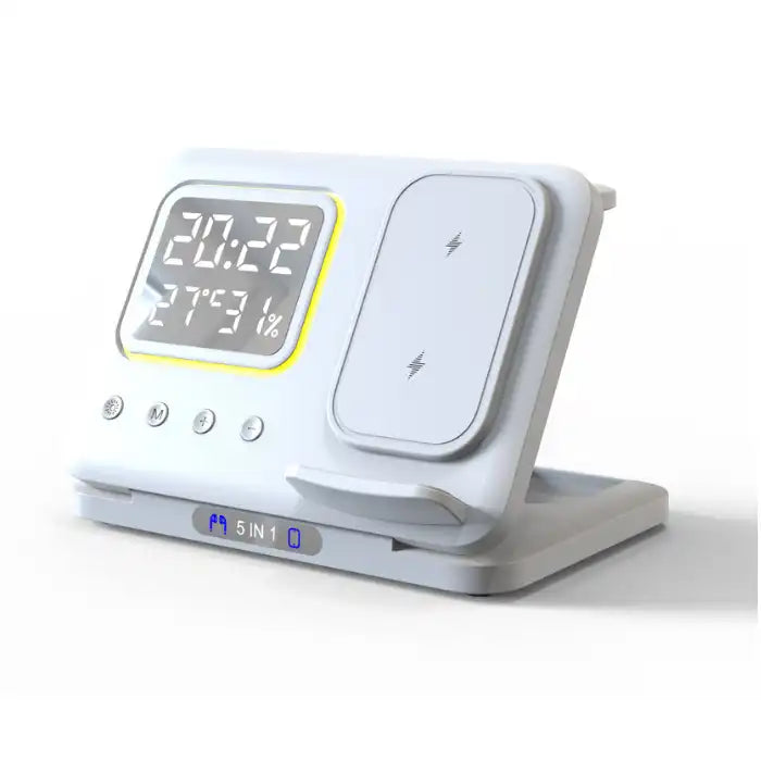 5-in-1 Wireless Charging Station in white with digital clock, dual pads, and humidity display