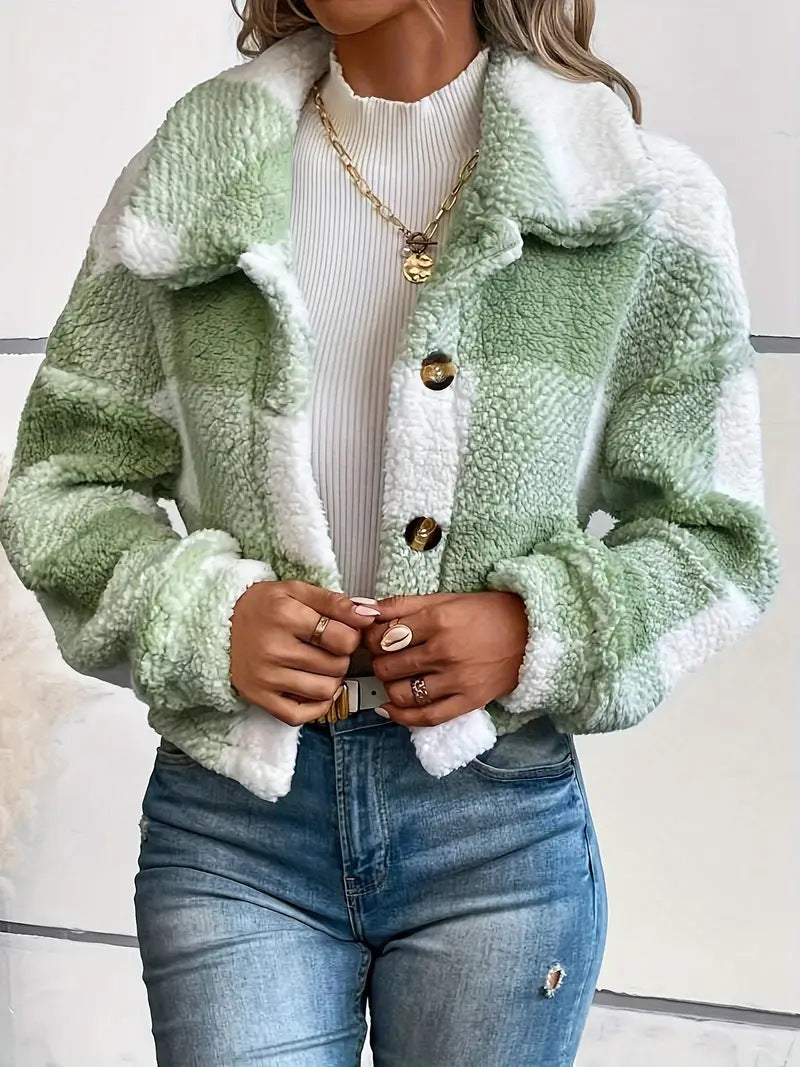 Plaid Cropped Jacket: Warm Sherpa & Trendy Style for Women