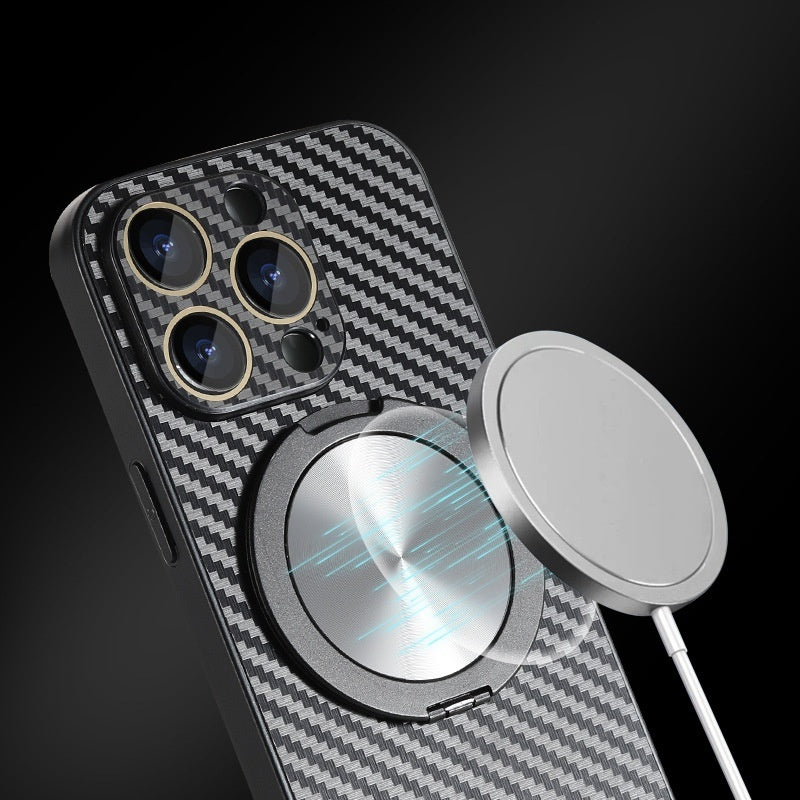 Magnetic Phone Case with 360° Rotating Stand and Carbon Fiber