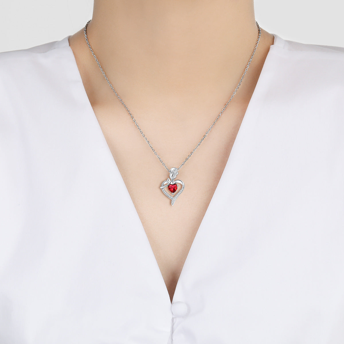 Rose Heart Necklace - Elegant Silver Gemstone Pendant