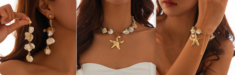 Beach Jewelry Set: Seashell & Starfish Gold Set