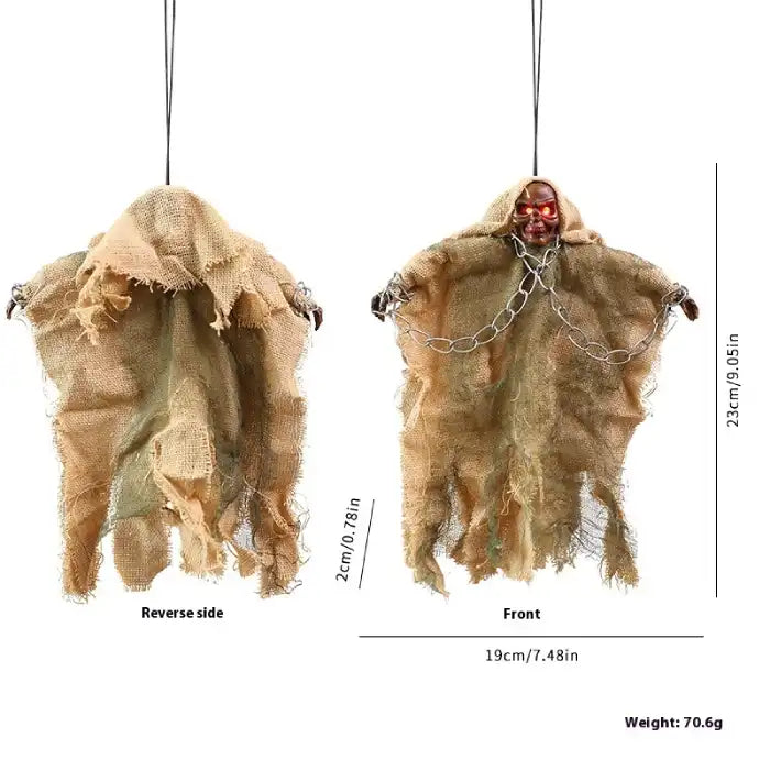 Halloween Hanging Ghost with yellow fabric and chains, shown front and back with detailed size measurement.