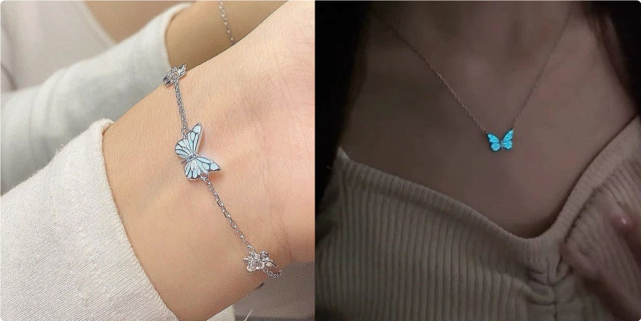 Glow in Dark Jewelry Butterfly Necklace and Bracelet Set