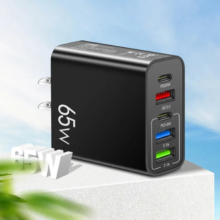 65W fast charging multi-port USB-C charger in black displayed on a pedestal with PD20W and QC3.0 ports for efficient fast charging performance.