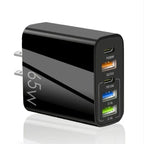 65W fast charging multi-port USB-C charger in sleek black body featuring PD and QC ports for reliable fast charging of several devices.