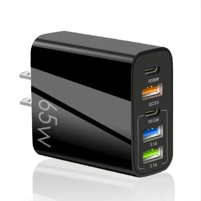 65W fast charging multi-port USB-C charger in sleek black body featuring PD and QC ports for reliable fast charging of several devices.