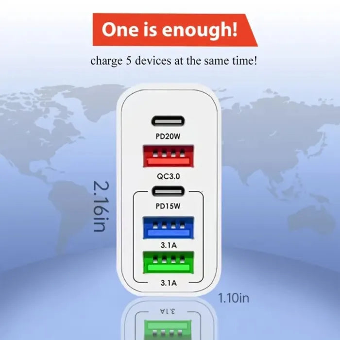65W fast charging multi-port USB-C charger close-up showing labeled PD20W, QC3.0 and USB ports with size guide for accurate product detail.