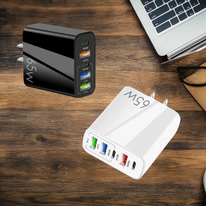 65W fast charging multi-port USB-C charger shown in black and white design with PD and QC ports for fast multi-device charging efficiency.