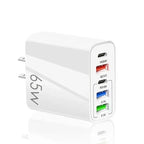 65W fast charging multi-port USB-C charger in white with color-coded ports for fast efficient charging across multiple connected devices.