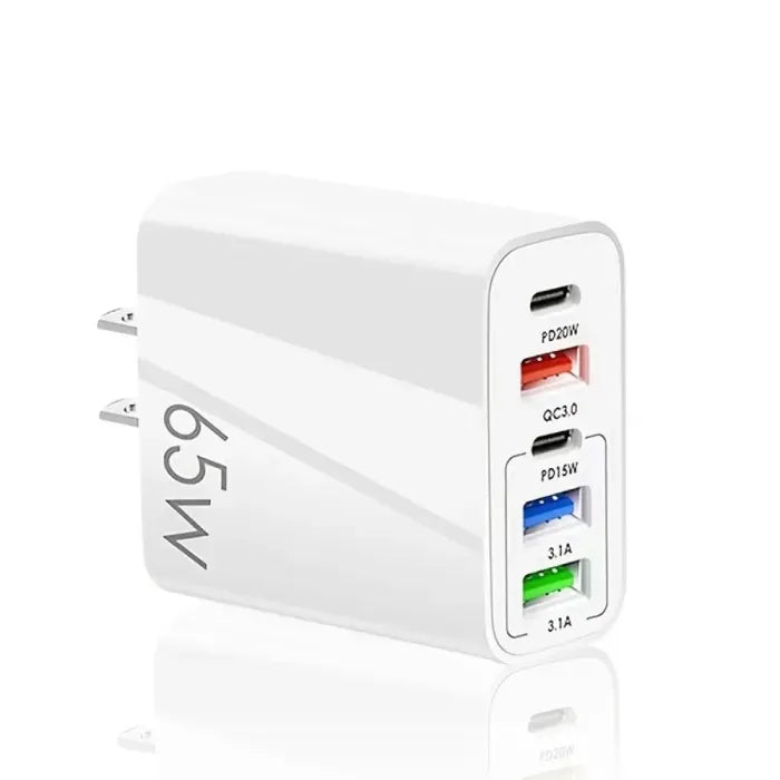 65W fast charging multi-port USB-C charger in white with color-coded ports for fast efficient charging across multiple connected devices.