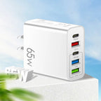 65W fast charging multi-port USB-C charger in white with PD20W, QC3.0 and USB ports designed for efficient fast charging of multiple devices.