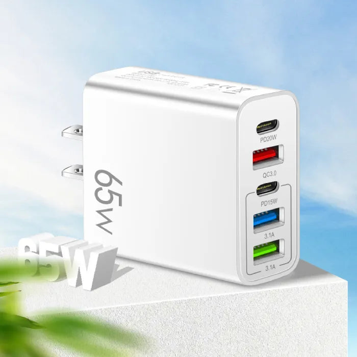 65W fast charging multi-port USB-C charger in white with PD20W, QC3.0 and USB ports designed for efficient fast charging of multiple devices.