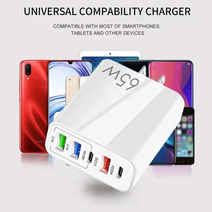 65W fast charging multi-port USB-C charger shown with smartphones, highlighting universal compatibility and fast multi-device power delivery.