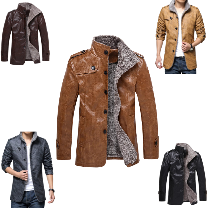 Faux Leather Jacket Men's Warm Stylish Fleece Coat - UrSuperMart