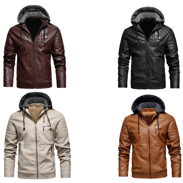 Men's Hooded Faux Leather Jacket Warm Rugged Style - UrSuperMart