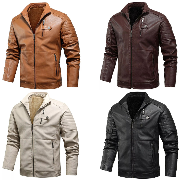 Men's Faux Leather Jacket with Warm Fleece Lining - UrSuperMart