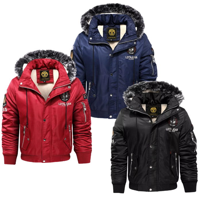 Men's Bomber Jacket with Faux Fur Hood & Zipper Pockets - UrSuperMart