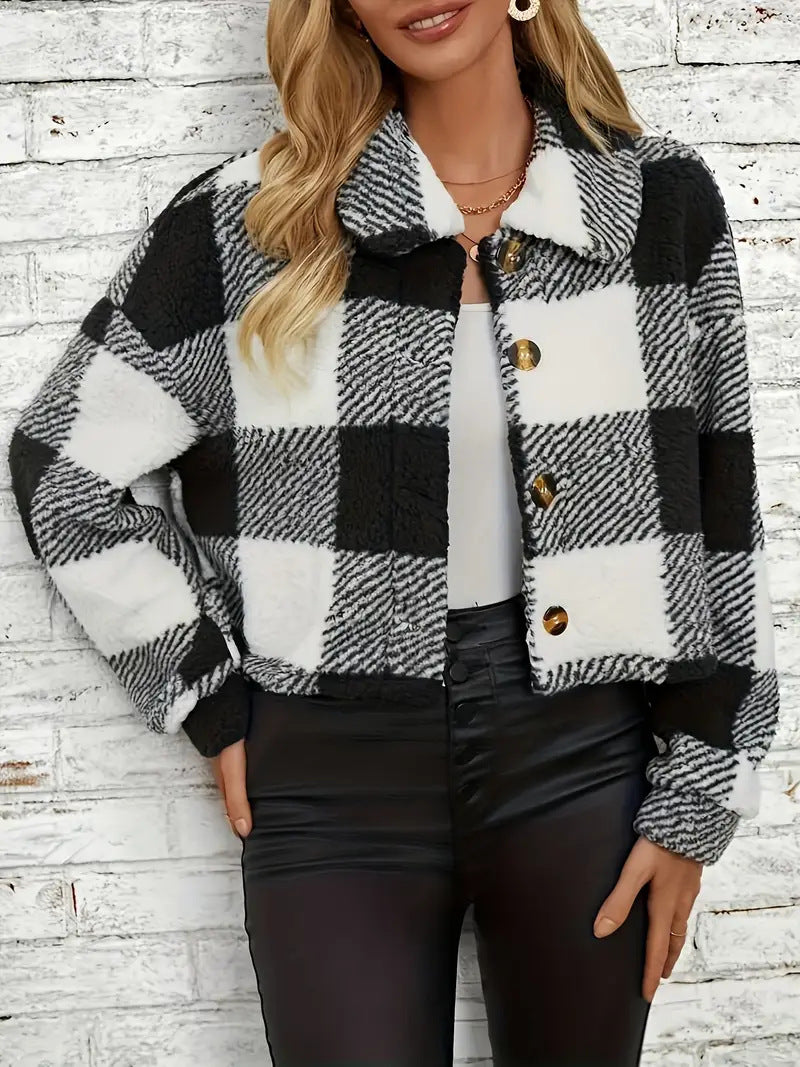 Plaid Cropped Jacket: Warm Sherpa & Trendy Style for Women