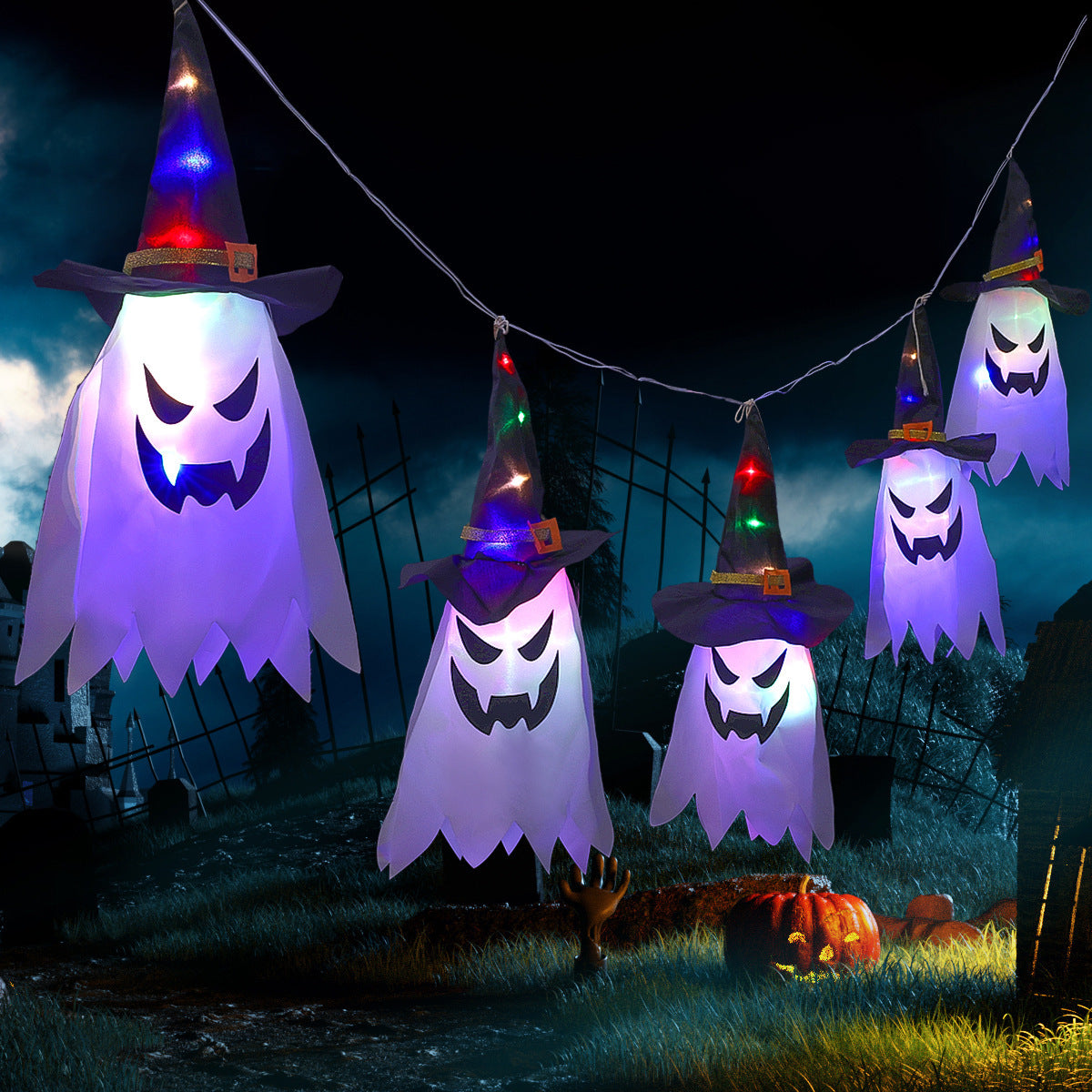 Outdoor ghost Halloween string lights easily decorate any space.