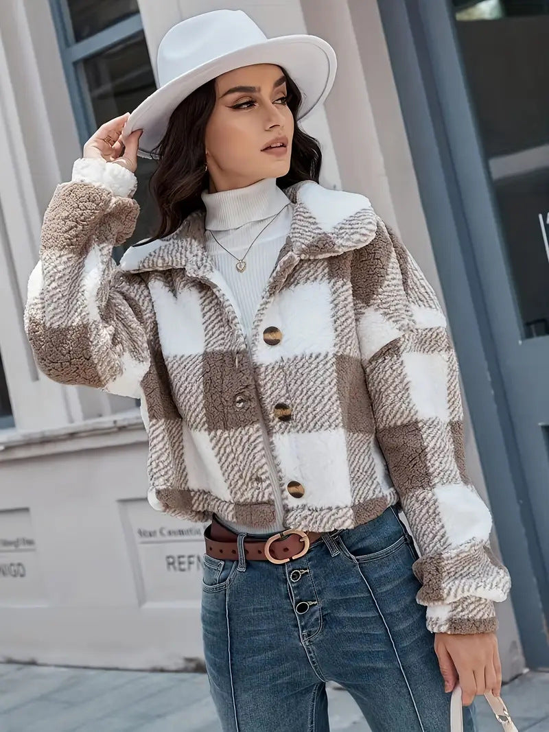 Plaid Cropped Jacket: Warm Sherpa & Trendy Style for Women