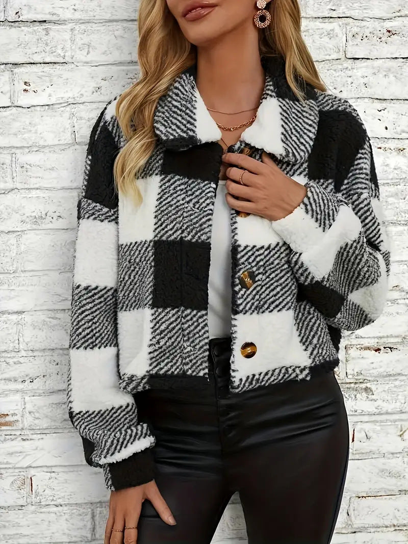 Plaid Cropped Jacket: Warm Sherpa & Trendy Style for Women