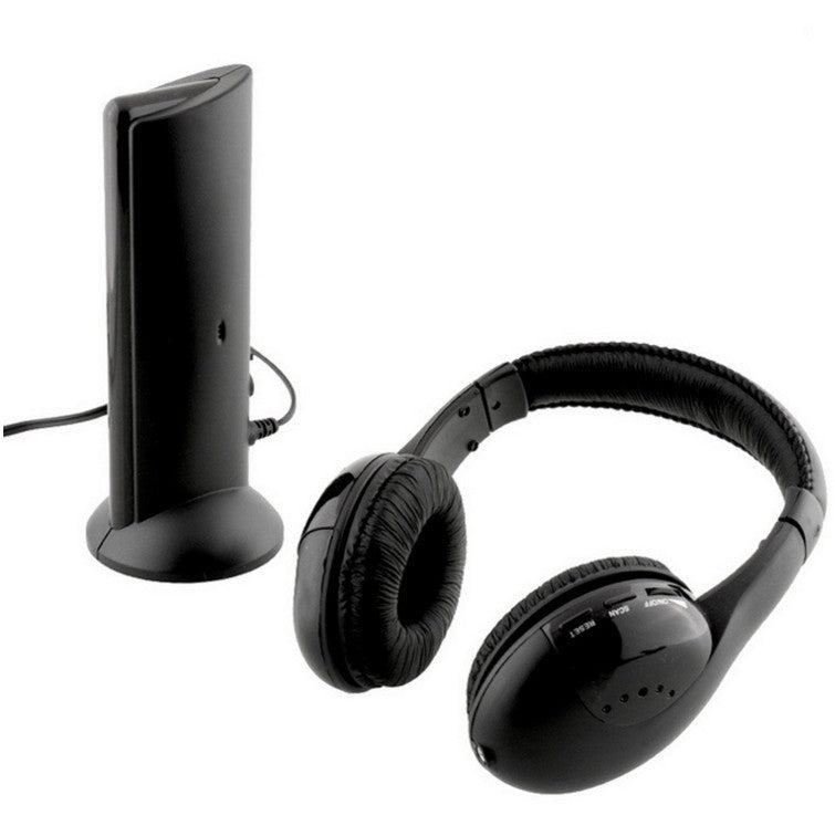 Wireless TV headphones with charging stand for versatile 5-in-1 audio.