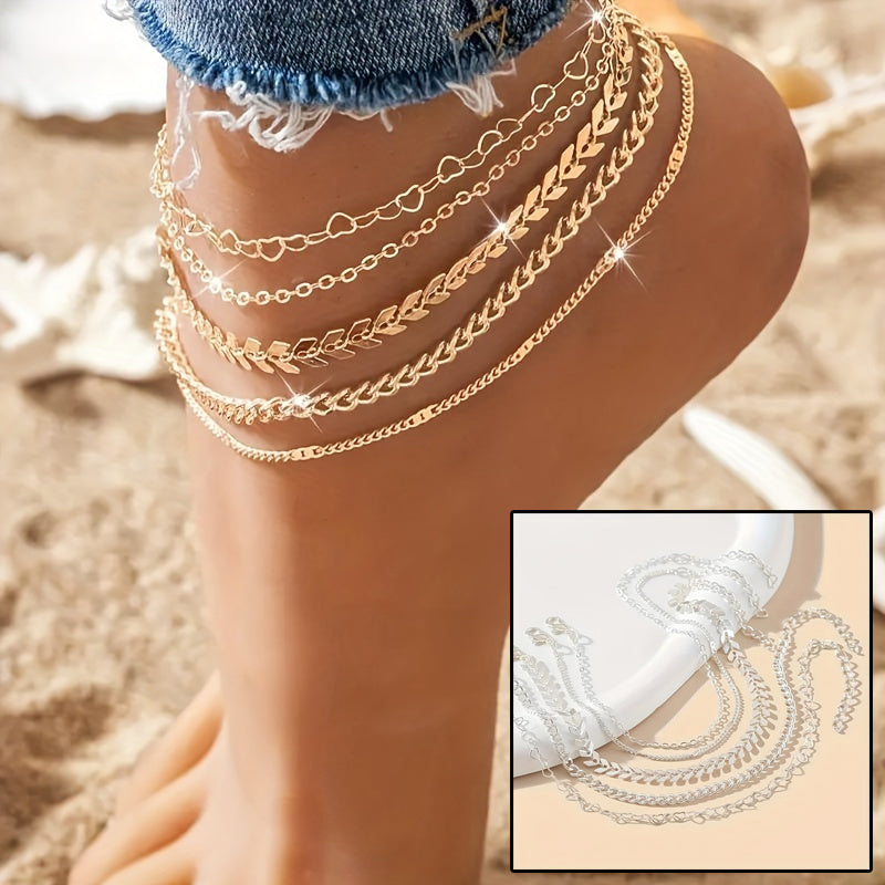 Layered Anklet Set Gold for Women - Trendy 5-Piece