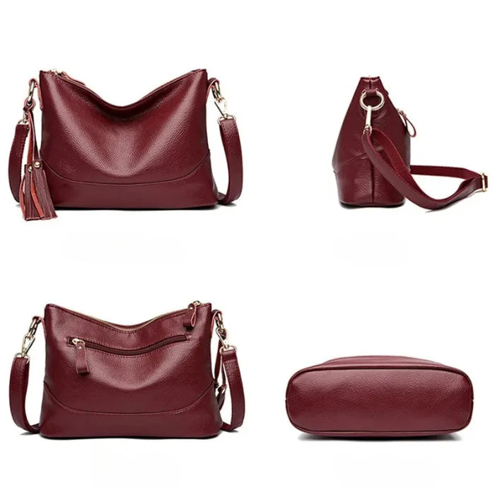 Wine red leather bag displayed from all angles: front, side, back, and bottom.