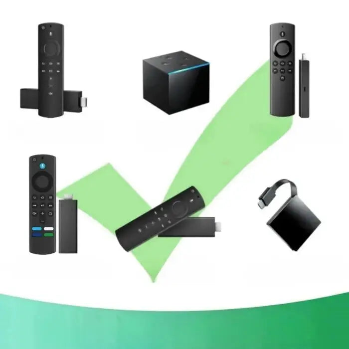 Various streaming device remotes, HDMI sticks, and cube-shaped media player on green checkmark background.