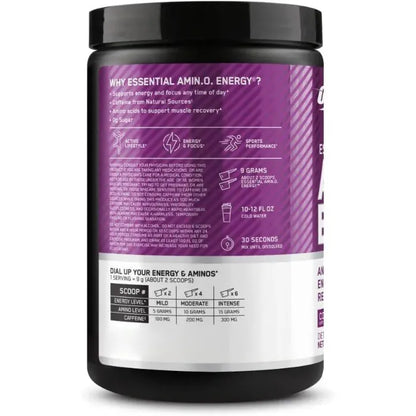 Detailed view of Amino Energy Concord Grape flavor container with usage information.