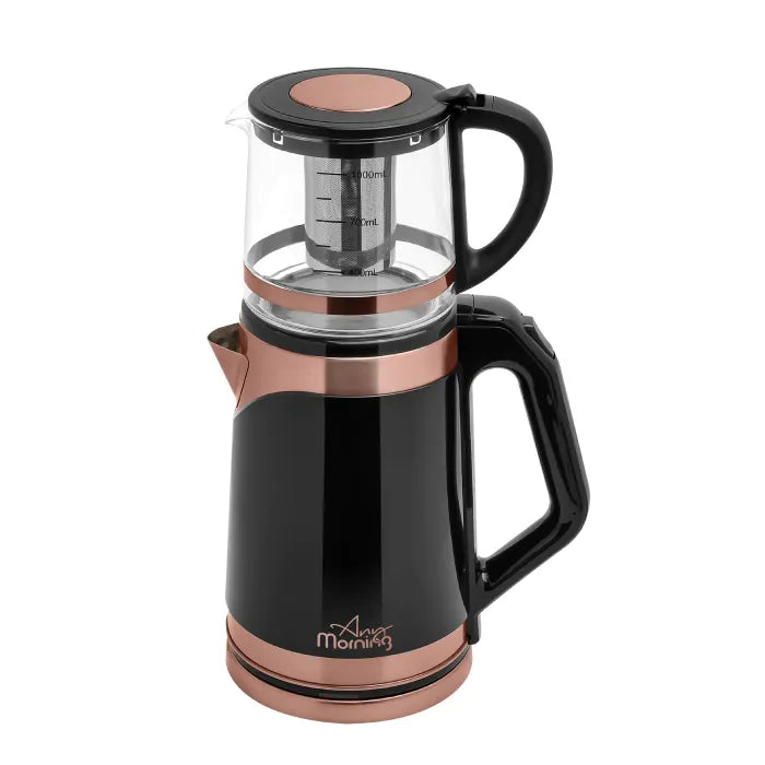 Any Morning electric tea maker with glass chamber, black base, and rose gold accents showing measurement markings.