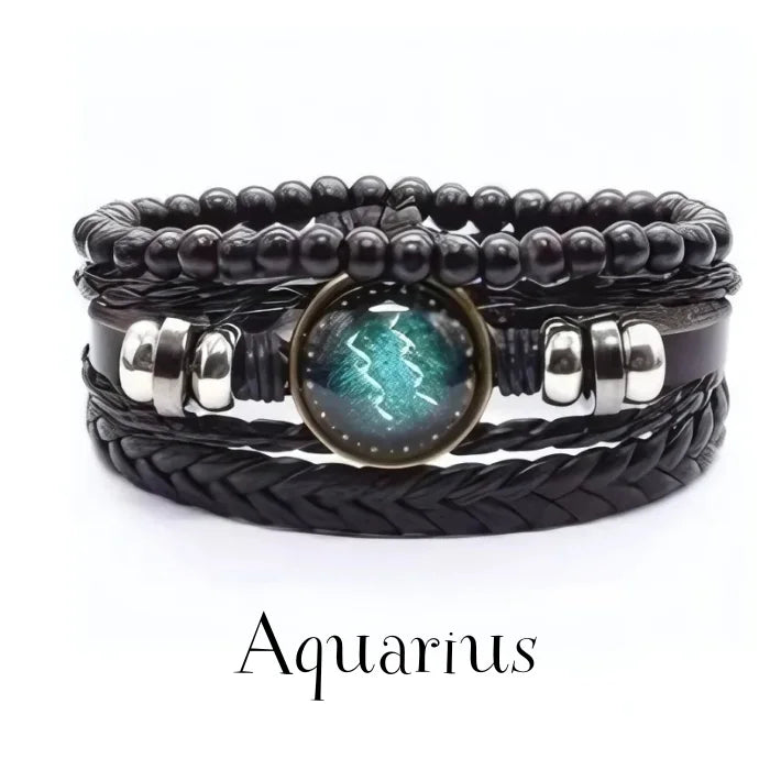 vintage leather bracelet with the Aquarius zodiac sign with adjustable leather strap