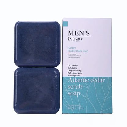 Men's Atlantic cedar scrub soap, textured and ready for deep cleansing.