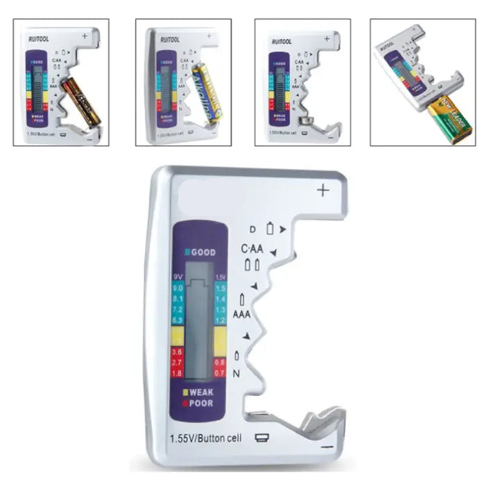 battery tester compatible with AA, AAA, C, D, 9V, and button cells, featuring a compact design and color-coded strength indicator.