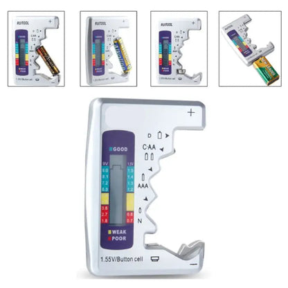 battery tester compatible with AA, AAA, C, D, 9V, and button cells, featuring a compact design and color-coded strength indicator.