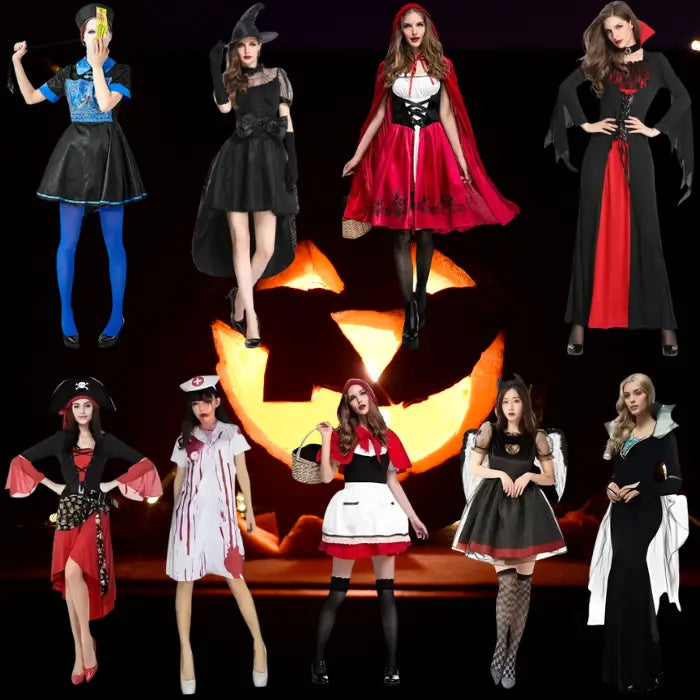 Collage of Halloween costumes with a pumpkin in the center on a black background