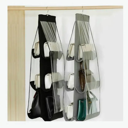 Black and grey hanging organizers for handbags.