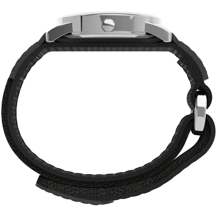 Close-up of black leather watch band with silver buckle and attachments showing texture and construction