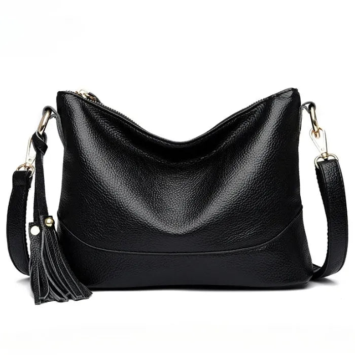 Classic black leather handbag for women, perfect for versatile styling.