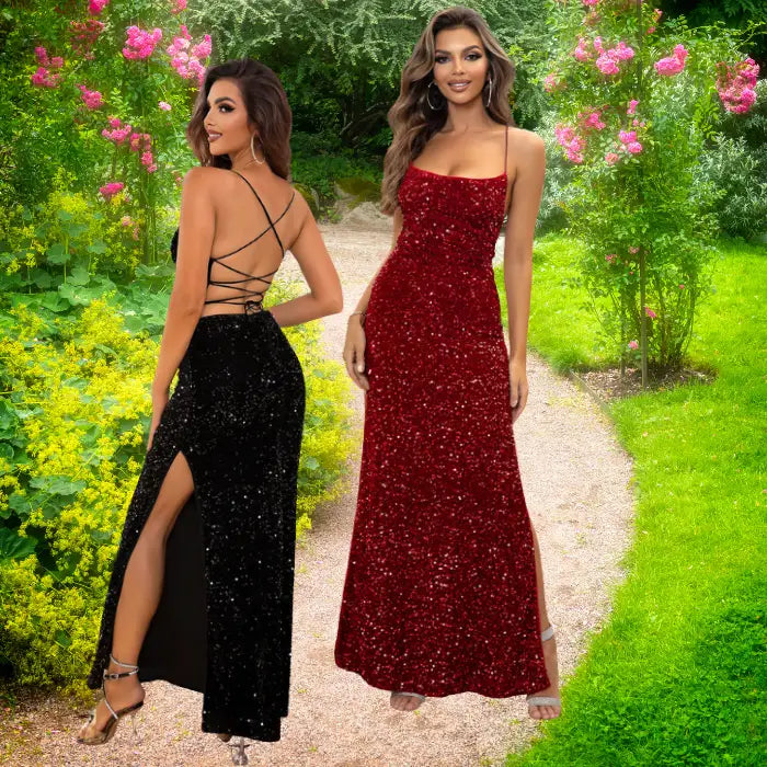 Stunning black sequin elegant prom dresses 2025 with strappy cross-back design and high side slit, photographed in lush garden setting