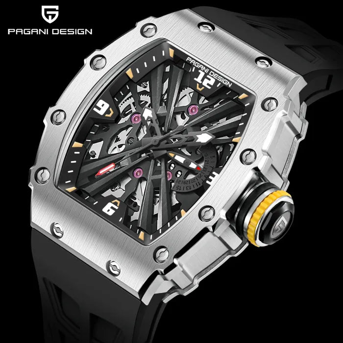 Elegant black rubber strap Pagani watch featuring a complex skeleton dial.