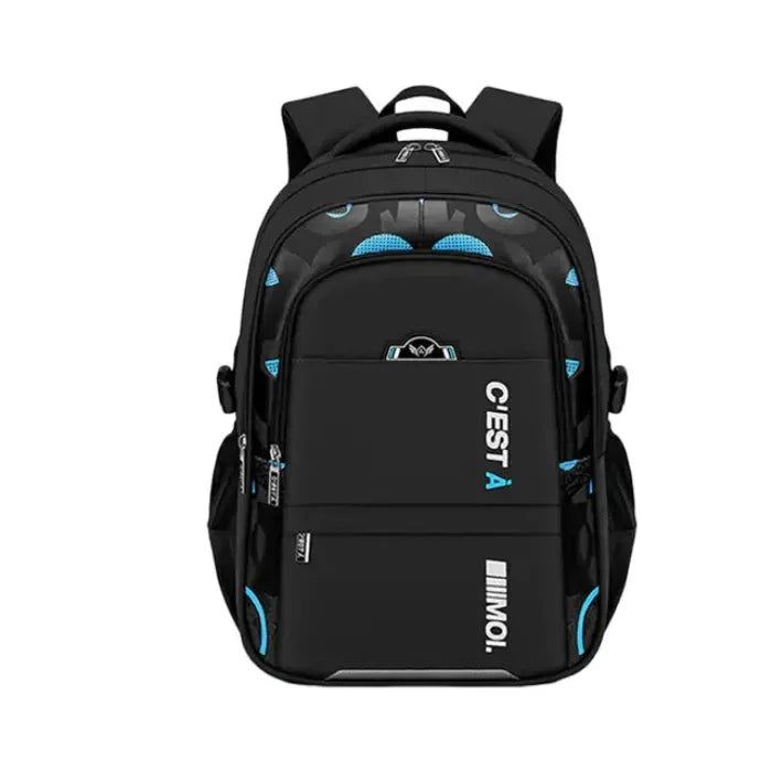 Black backpack , multiple compartments, and blue accents