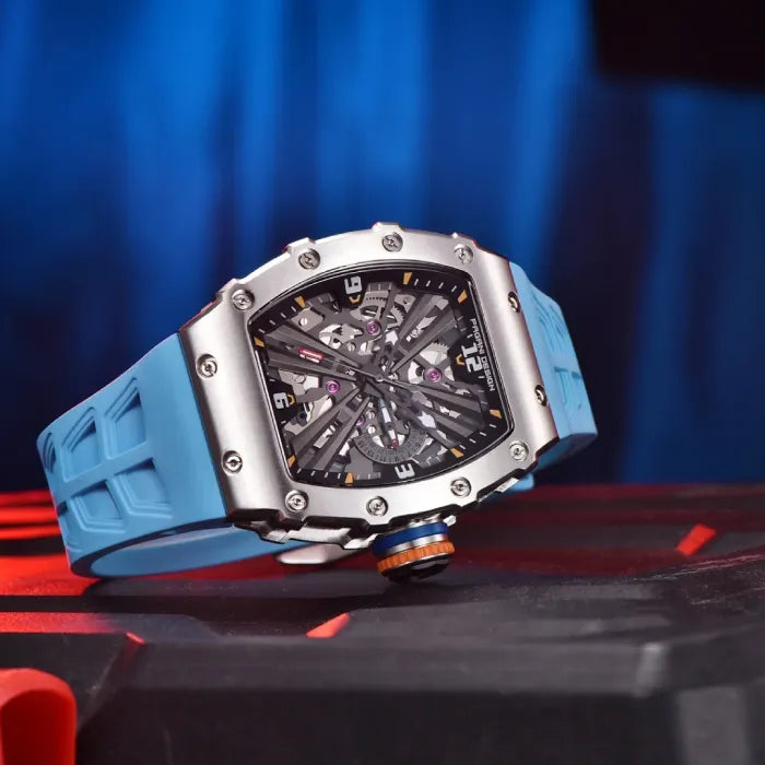 Side view of a blue Pagani Design watch showing off its sleek, sporty look.