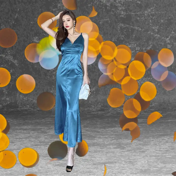 Woman posing in a beautiful blue satin V-neck dress with delicate spaghetti straps, ideal to order as an affordable formal maxi dress.