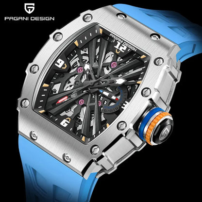 Pagani Design luxury sports watch with a blue strap and detailed skeleton dial.