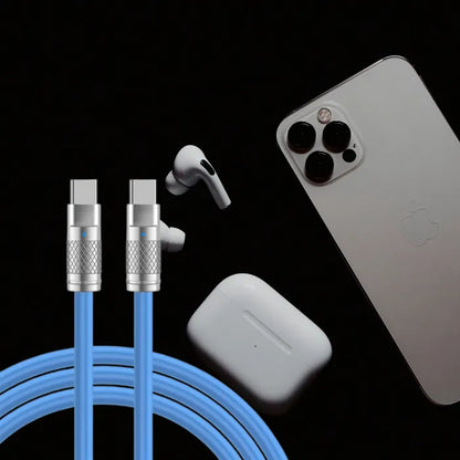 Blue 120W Type C to Type C charging cable emphasizing durability and fast charging capabilities.