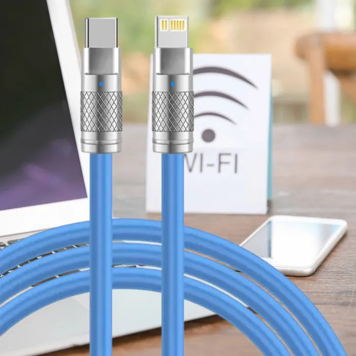 Blue 120W fast charging cable from Type C to iOS, featuring a flexible TPE material and bold wire.