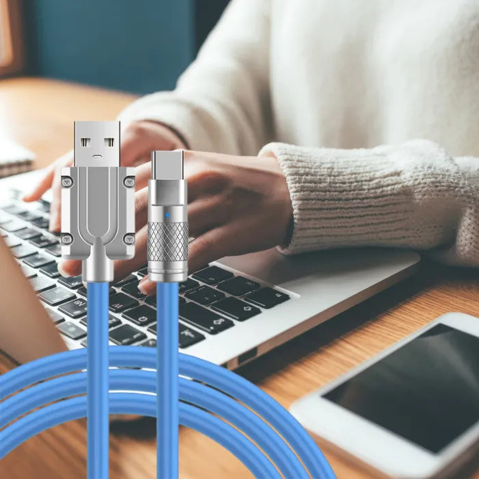 120W USB to Type C blue charging cable featuring a flexible and strong TPE outer material.